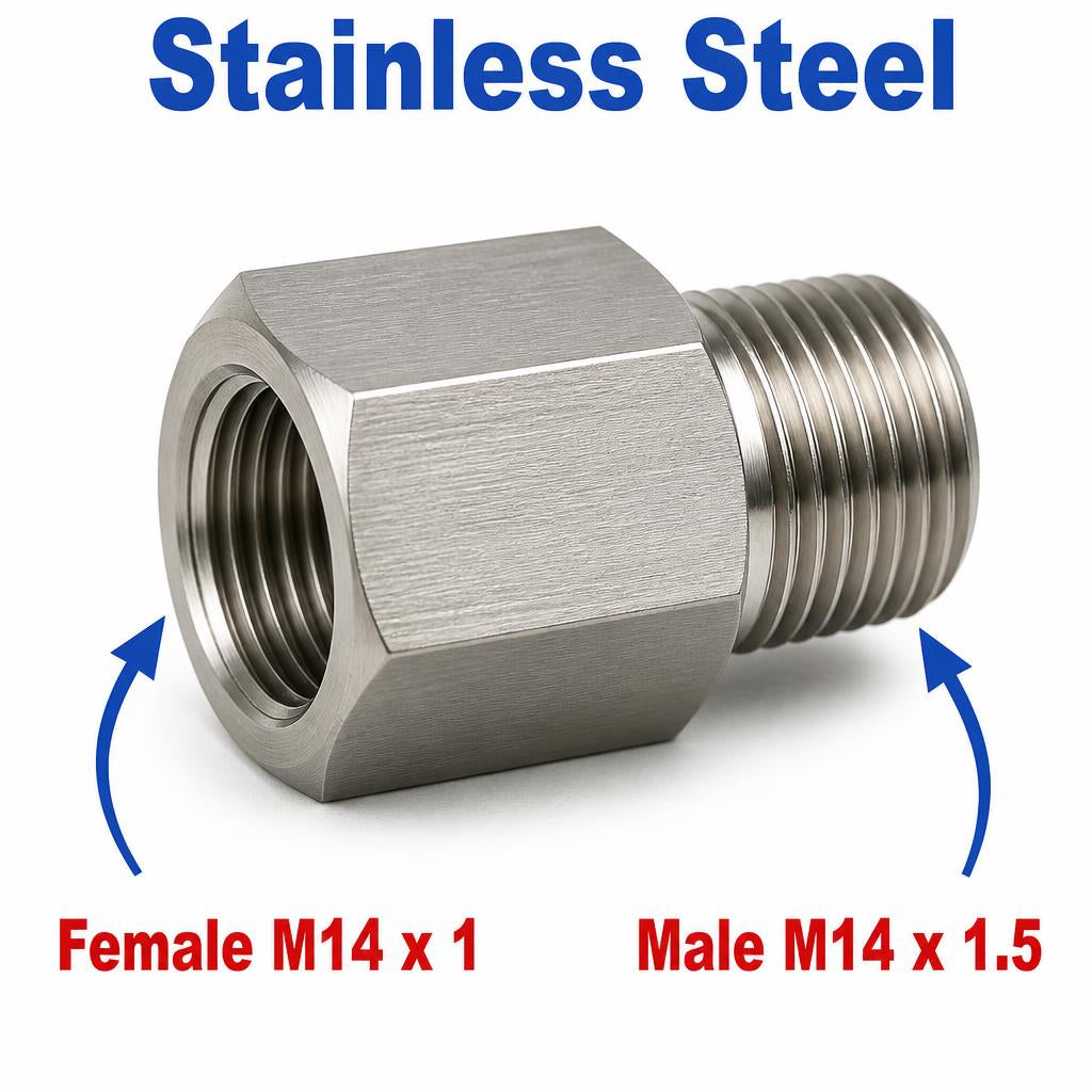 Stainless steel M14x1 female to M14x1.5 male sensor adaptor fitting for conversion, designed by MC Motoparts.