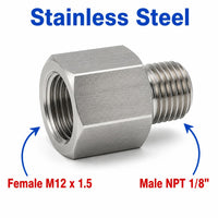 M12x1.5 Female to 1/8 inch NPT Male Stainless Steel 304 Sensor Adaptor Fittings Conversion