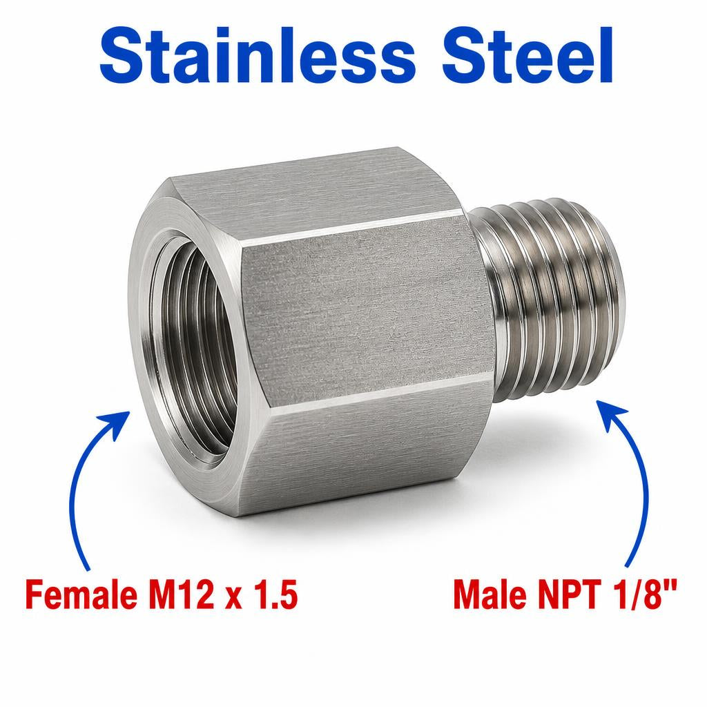 M12x1.5 Female to 1/8 inch NPT Male Stainless Steel 304 Sensor Adaptor Fittings Conversion