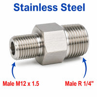 Stainless steel MC Motoparts M12x1.5 male to BSPT 1/4 inch tapered sensor adaptor fitting for conversion and plumbing applications