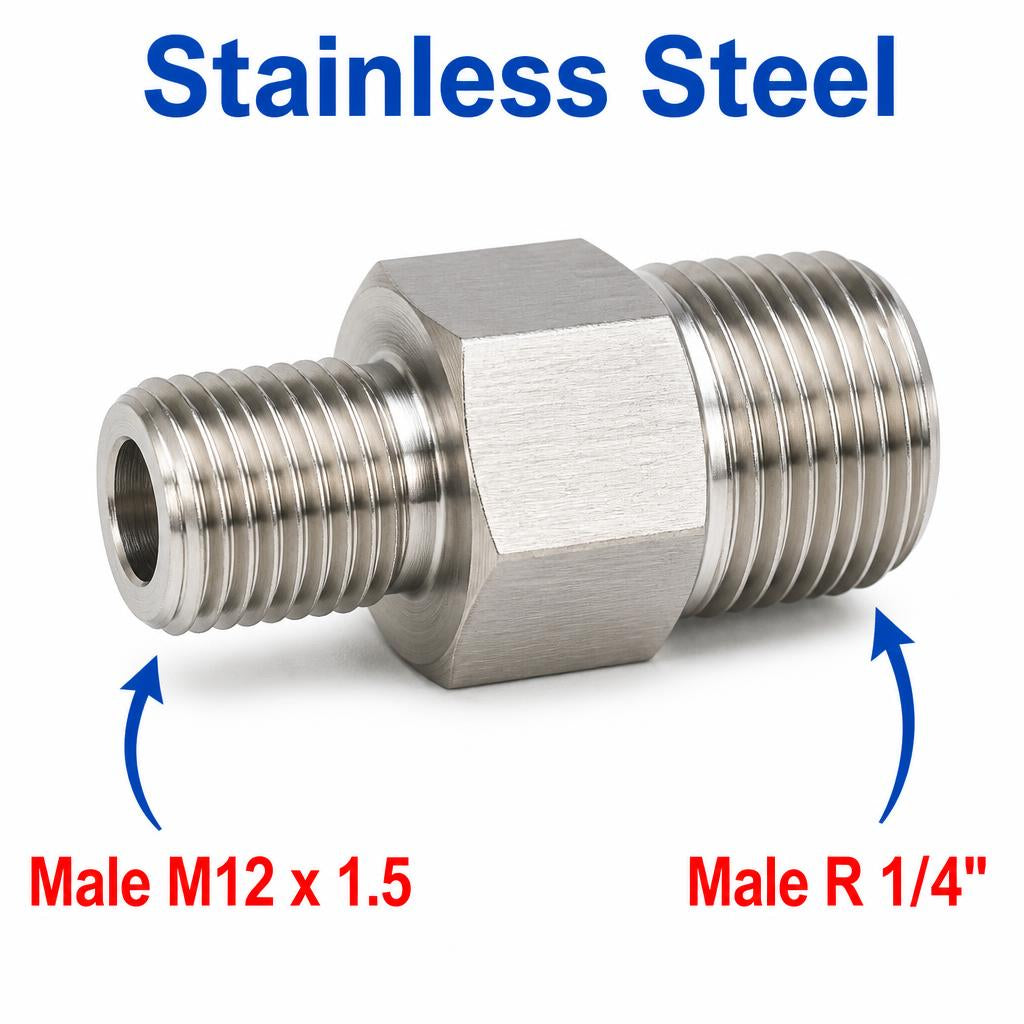 Stainless steel MC Motoparts M12x1.5 male to BSPT 1/4 inch tapered sensor adaptor fitting for conversion and plumbing applications
