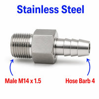 Stainless steel M14x1.5 male to 4mm barb sensor adapter fitting for conversion, made by MC Motoparts.