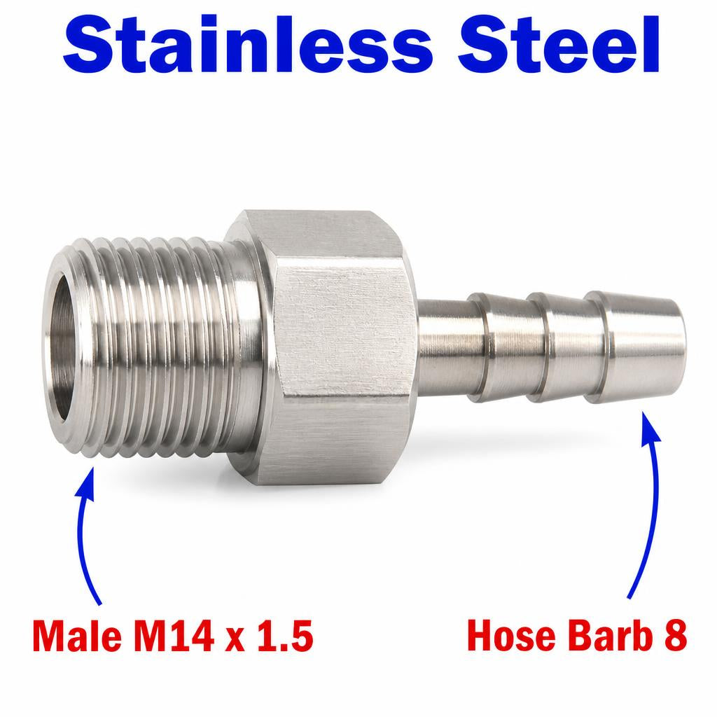 M14x1.5 Male to BARB OD 8mm / 0.32 inch Stainless Steel 304 Sensor Adaptor Fittings Conversion