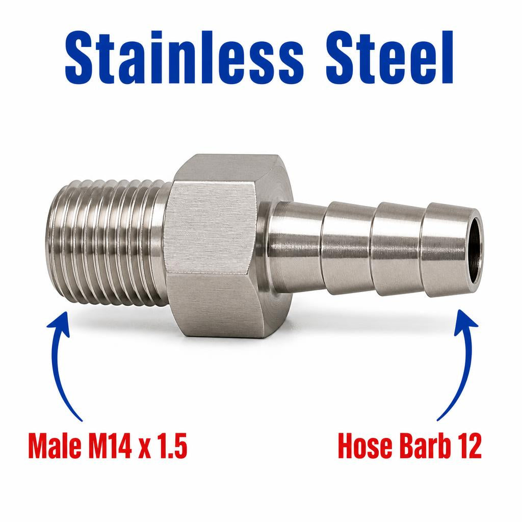 M14x1.5 Male to BARB OD 12mm / 0.48 inch Stainless Steel 304 Sensor Adaptor Fittings Conversion