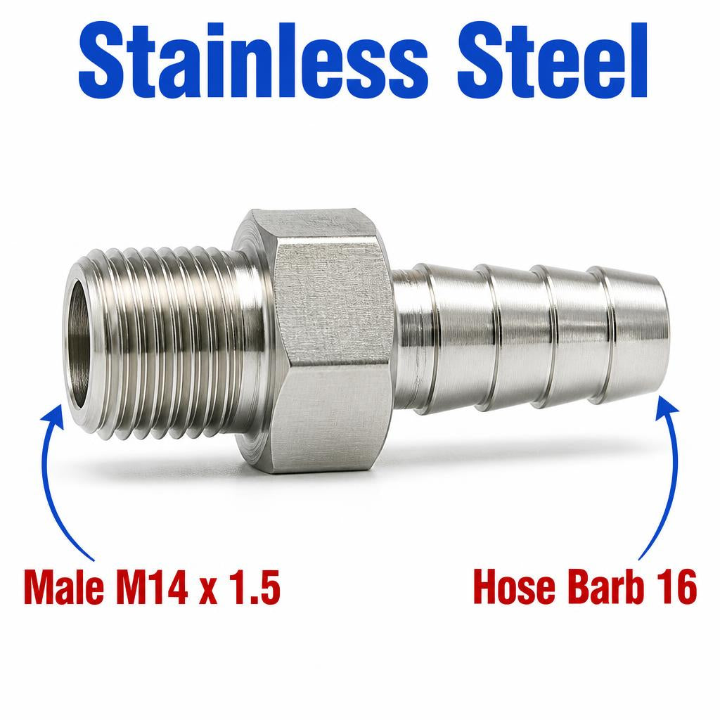 Stainless steel M14x1.5 male to 16mm barb sensor adapter fitting, APS conversion by MC Motoparts, for automotive use
