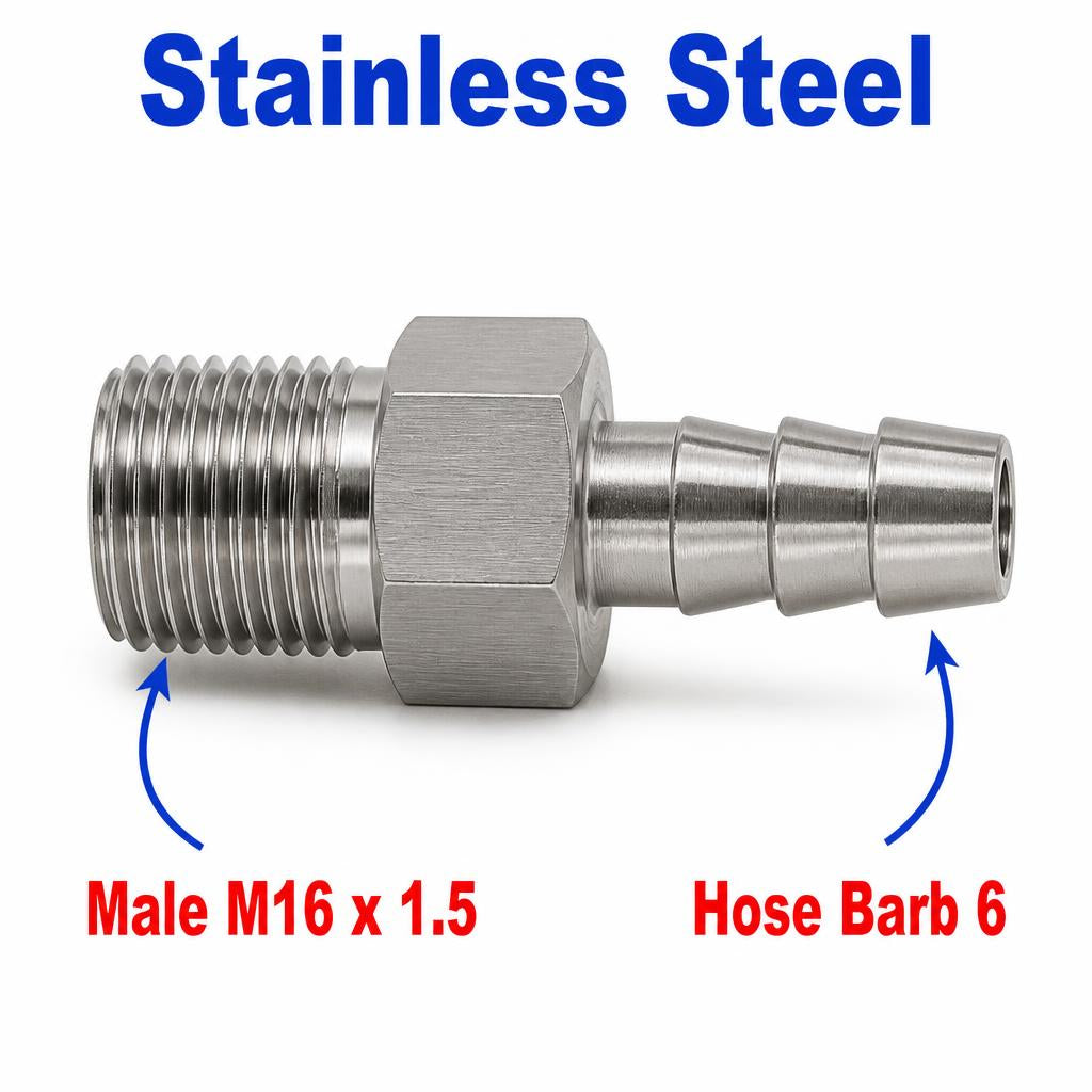 Stainless Steel 304 M16x1.5 Male to 6mm/0.24 inch BARB sensor adaptor fitting, MC Motoparts APS conversion fitting.