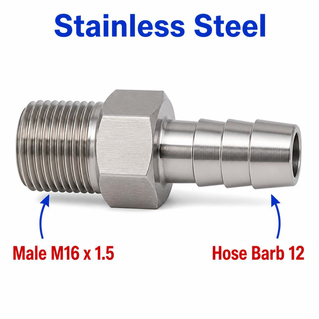 M16x1.5 Male to BARB OD 12mm / 0.48 inch Stainless Steel 304 Sensor Adaptor Fittings Conversion