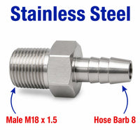 Stainless steel M18x1.5 male to 8mm barb sensor adaptor fitting for conversion, by MC Motoparts, APS1055.
