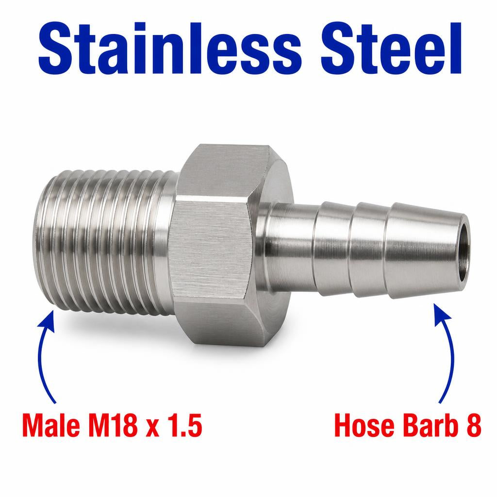 Stainless steel M18x1.5 male to 8mm barb sensor adaptor fitting for conversion, by MC Motoparts, APS1055.