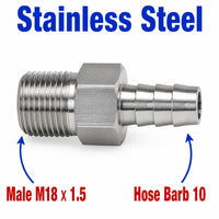 Stainless steel M18x1.5 male to 10mm barb sensor adaptor fitting for conversion, made by MC Motoparts.