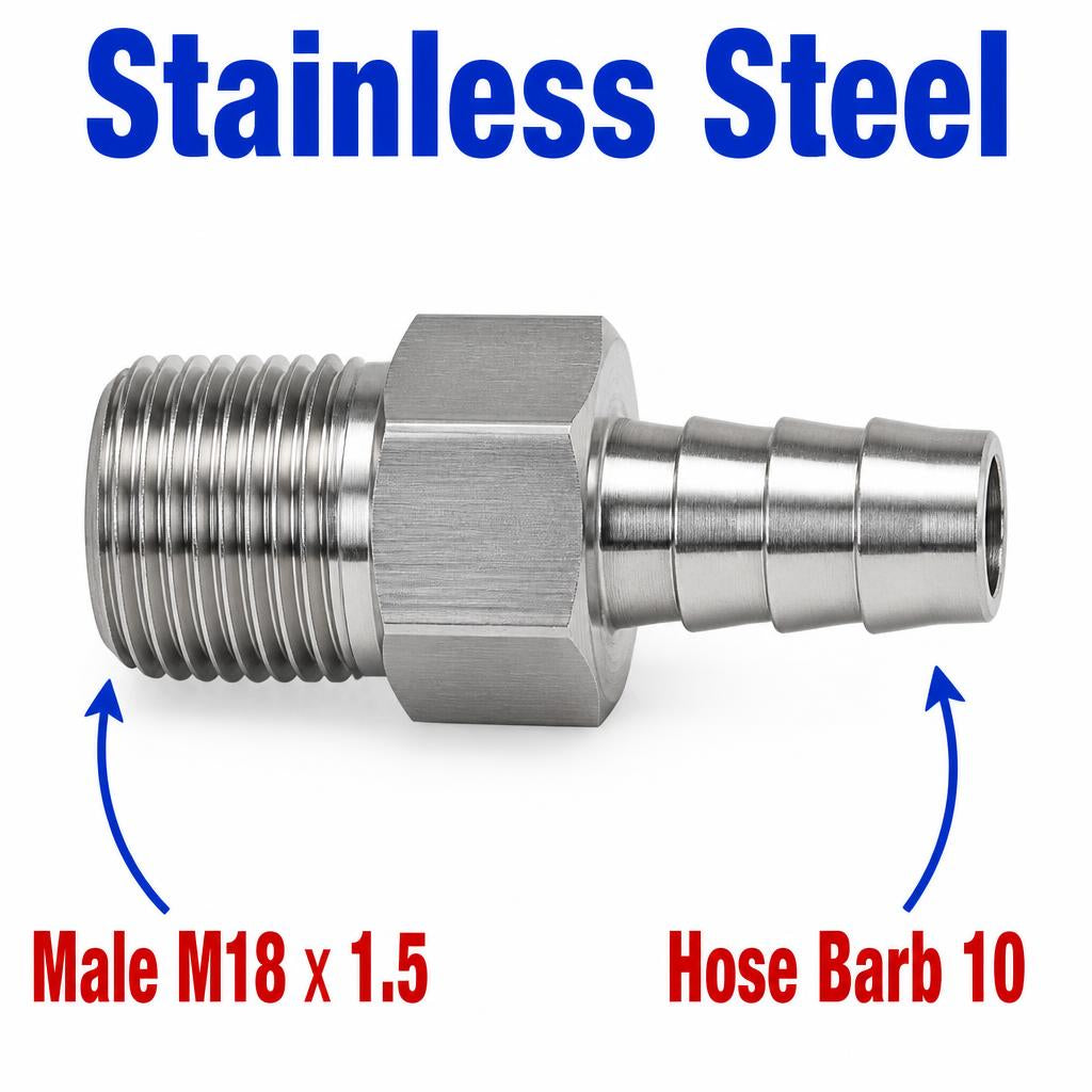 Stainless steel M18x1.5 male to 10mm barb sensor adaptor fitting for conversion, made by MC Motoparts.