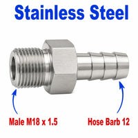 Stainless steel M18x1.5 male to 12mm barb sensor adaptor fitting for conversion, made by MC Motoparts, APS fitting.
