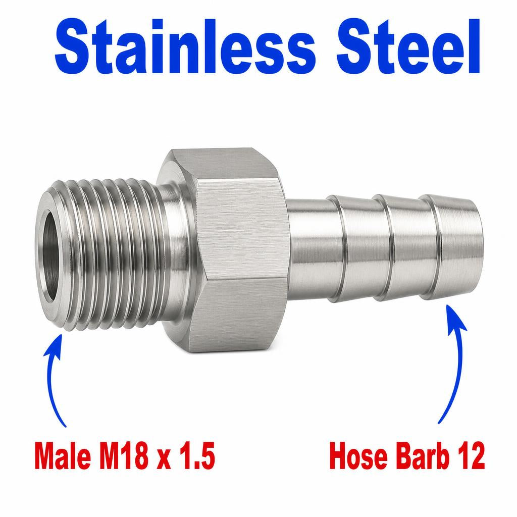 Stainless steel M18x1.5 male to 12mm barb sensor adaptor fitting for conversion, made by MC Motoparts, APS fitting.