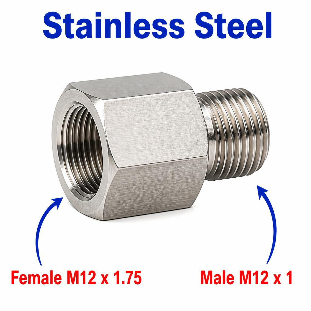 Stainless steel M12x1.75 female to M12x1 male sensor adaptor fitting for conversion, by MC Motoparts.