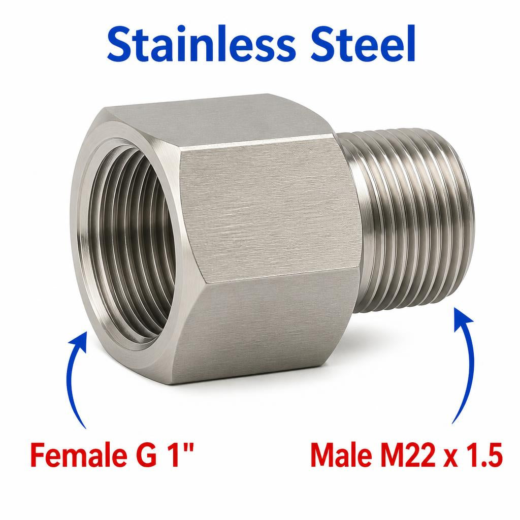 Stainless steel BSP G 1 inch female to M22x1.5 male sensor adaptor fitting for motorcycle or automotive applications.
