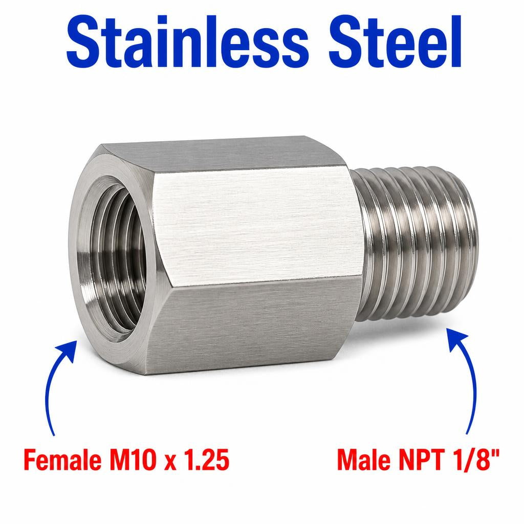 M10x1.25 Female to 1/8 inch NPT Male Stainless Steel 304 Sensor Adaptor Fittings Conversion