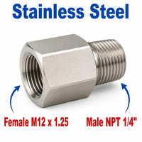 Stainless steel M12x1.25 female to 1/4 inch NPT male sensor adaptor fitting from MC Motoparts, used for sensor conversions.
