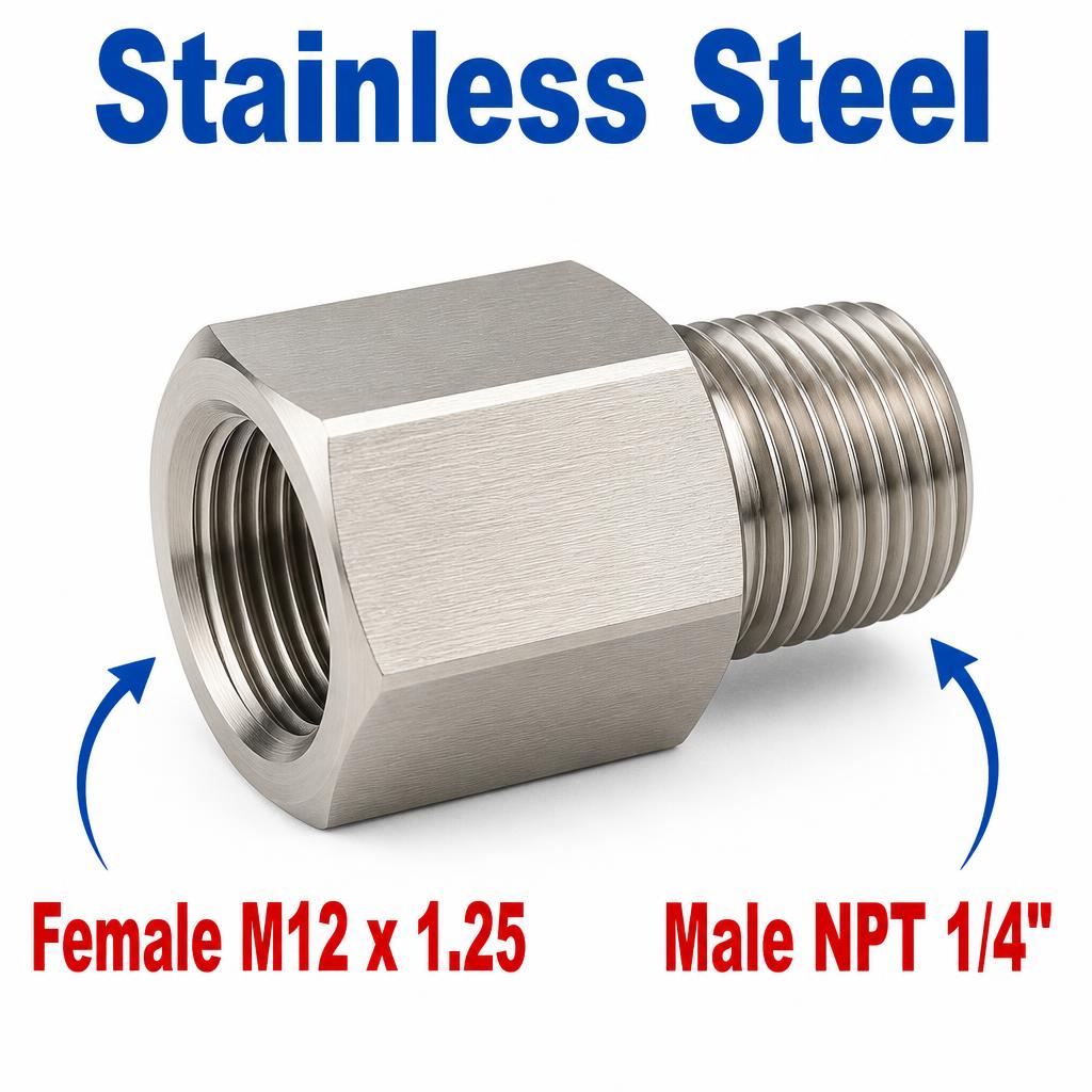 Stainless steel M12x1.25 female to 1/4 inch NPT male sensor adaptor fitting from MC Motoparts, used for sensor conversions.