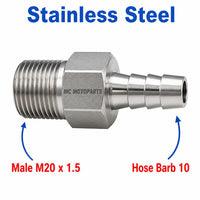 Stainless steel MC Motoparts M20x1.5 male to 10mm barbed sensor adaptor fitting for conversion applications.