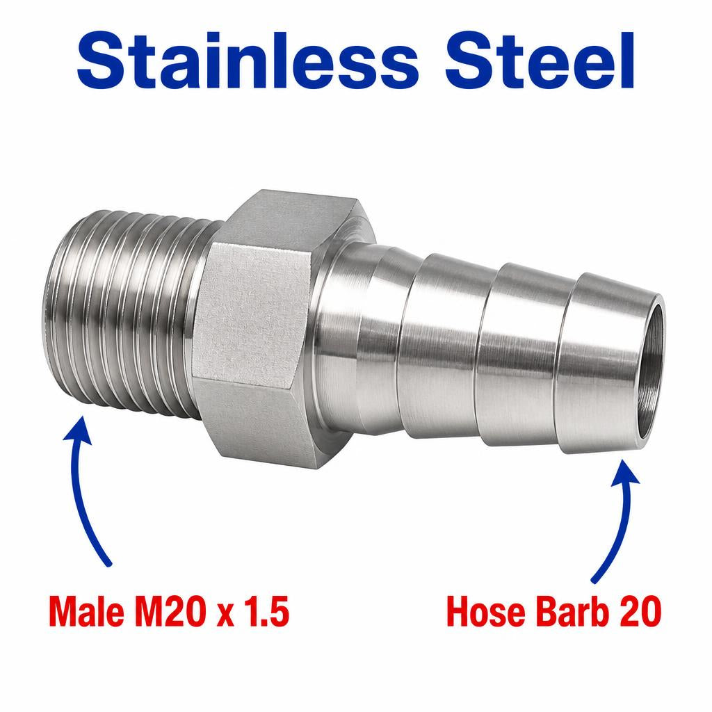 M20x1.5 Male to BARB OD 20mm / 0.8 inch Stainless Steel 304 Sensor Adaptor Fittings Conversion