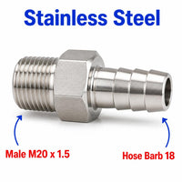 Stainless steel M20x1.5 male to 18mm barb sensor adaptor fitting for conversion, made by MC Motoparts.