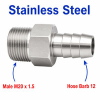 Stainless steel M20x1.5 male to 12mm barb sensor adaptor fitting for conversion, made by MC Motoparts.