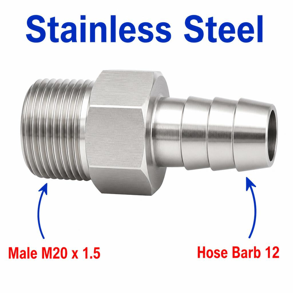 Stainless steel M20x1.5 male to 12mm barb sensor adaptor fitting for conversion, made by MC Motoparts.