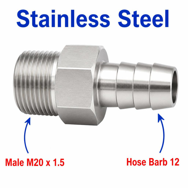 M20x1.5 Male to BARB OD 12mm / 0.48 inch Stainless Steel 304 Sensor Adaptor Fittings Conversion