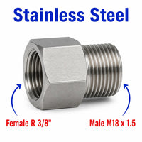 Stainless steel MC Motoparts BSPT Tapered R 3/8 inch female to M18x1.5 male sensor adaptor fitting for conversion applications