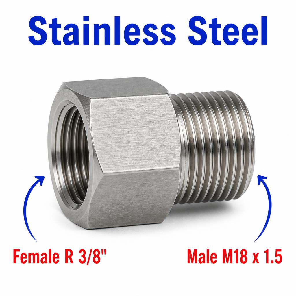 Stainless steel MC Motoparts BSPT Tapered R 3/8 inch female to M18x1.5 male sensor adaptor fitting for conversion applications