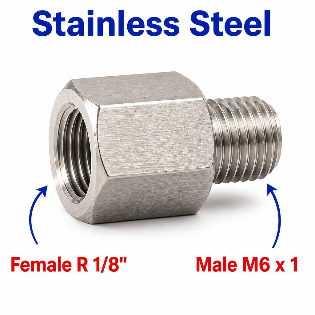Stainless steel MC Motoparts APS Tapered R 1/8 inch female to M6x1 male sensor adaptor fitting for conversion.