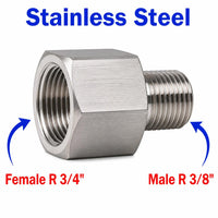 Stainless steel MC Motoparts BSPT tapered adaptor fitting, 3/4 inch female to 3/8 inch male sensor conversion, close-up image