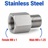 Stainless steel M8x1 female to M8x1.25 male sensor adaptor fitting for automotive or machinery conversions.