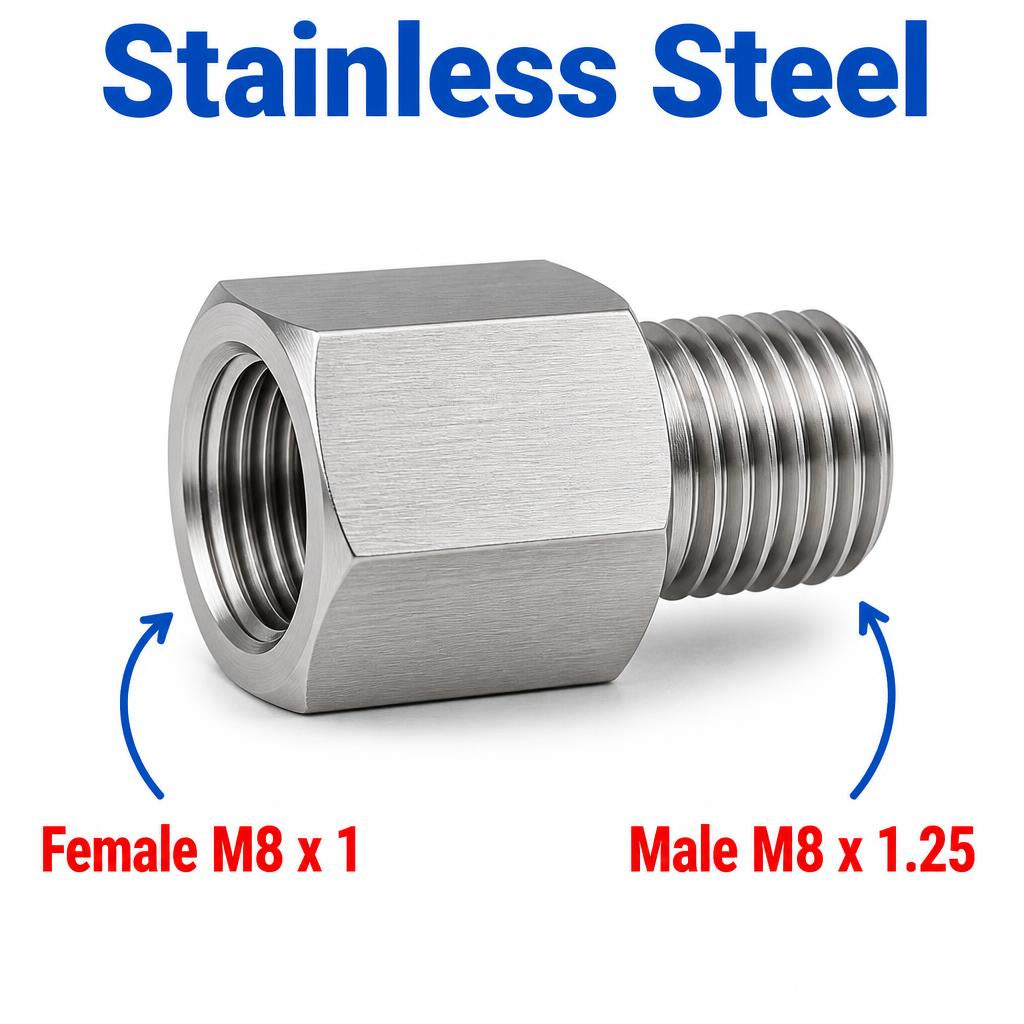 Stainless steel M8x1 female to M8x1.25 male sensor adaptor fitting for automotive or machinery conversions.