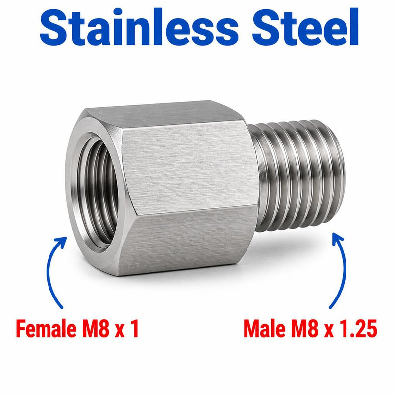 Stainless steel M8x1 female to M8x1.25 male sensor adaptor fitting for automotive or machinery conversions.