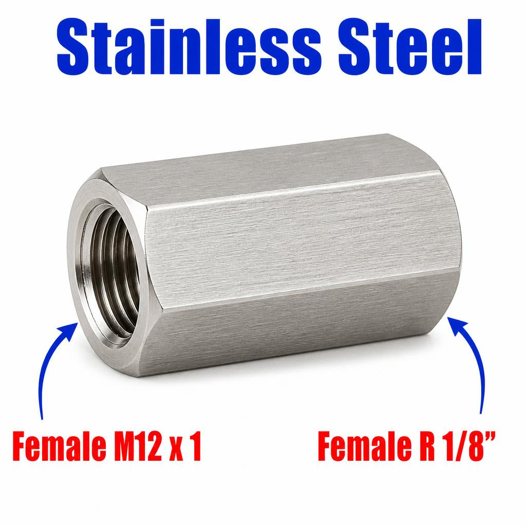 Stainless steel M12x1 female to BSPT tapered 1/8 inch female sensor adaptor fitting for conversion, from MC Motoparts.