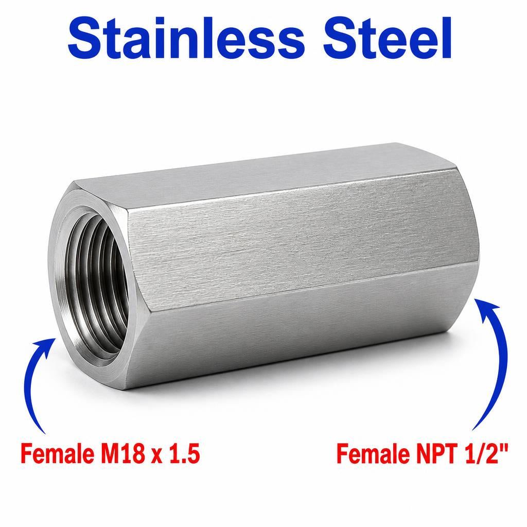 M18x1.5 Female to 1/2 inch NPT Female Stainless Steel 304 Sensor Adaptor Fittings Conversion
