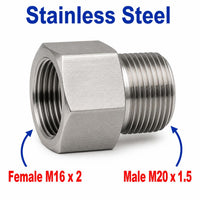 Stainless steel M16x2 female to M20x1.5 male sensor adaptor fitting for conversion, part of MC Motoparts APS adaptor fittings series.