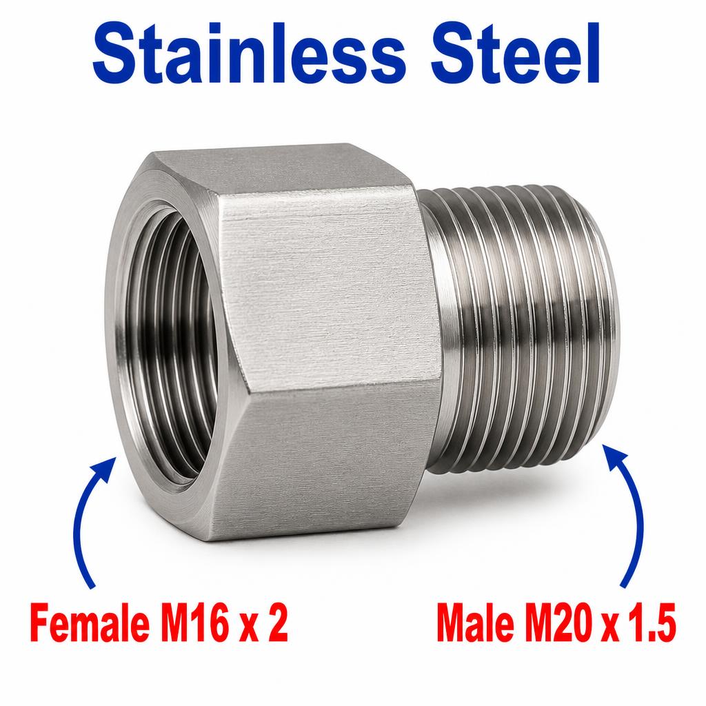 Stainless steel M16x2 female to M20x1.5 male sensor adaptor fitting for conversion, part of MC Motoparts APS adaptor fittings series.