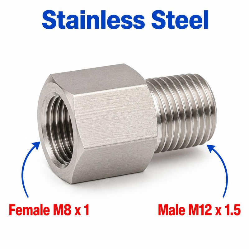 Stainless steel M8x1 female to M12x1.5 male sensor adaptor fitting for conversion, compatible with MC Motoparts APS adaptor fittings.