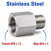 Stainless steel M16x1.5 female to M12x1 male sensor adaptor fitting, MC Motoparts APS conversion fitting, close-up view.