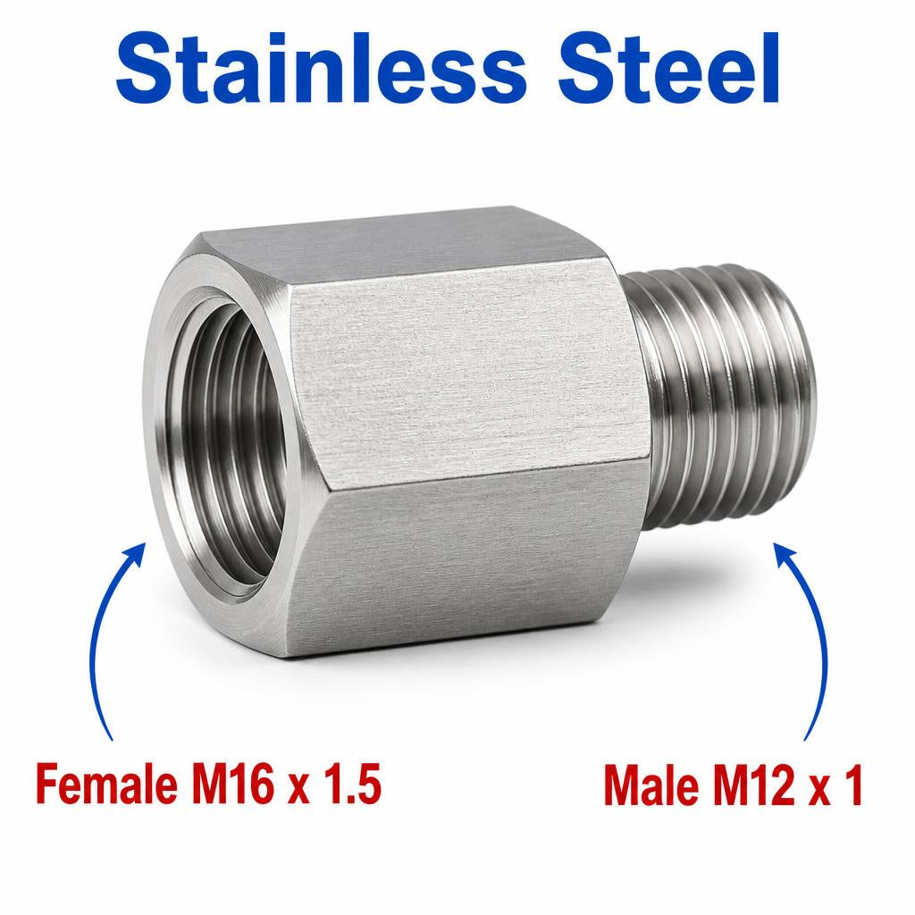 Stainless steel M16x1.5 female to M12x1 male sensor adaptor fitting, MC Motoparts APS conversion fitting, close-up view.