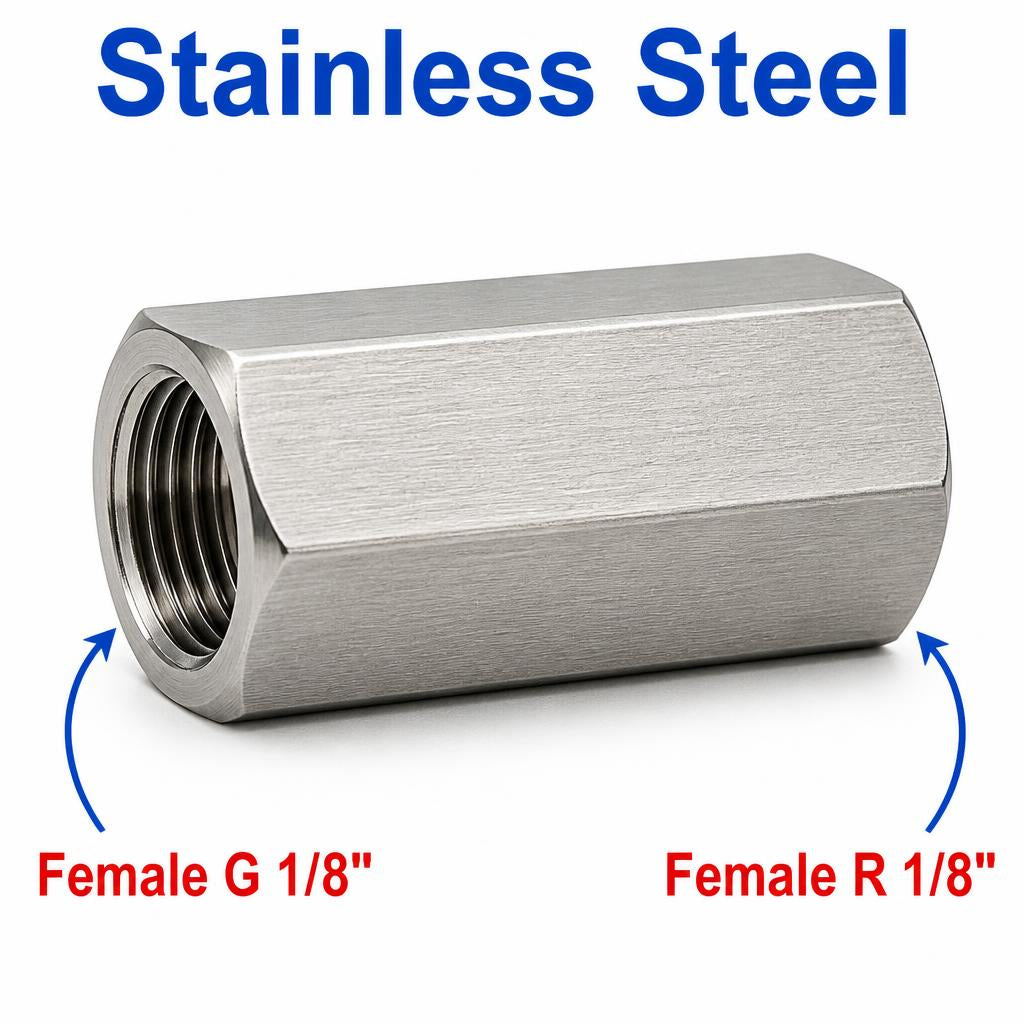 BSP G 1/8 inch Female to BSPT Tapered R 1/8 inch Female Stainless Steel 304 Sensor Adaptor Fittings Conversion