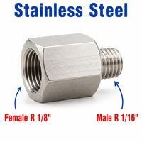 Stainless steel MC Motoparts APS adaptor fitting showing BSPT tapered R 1/8 inch female to R 1/16 inch male sensor connector