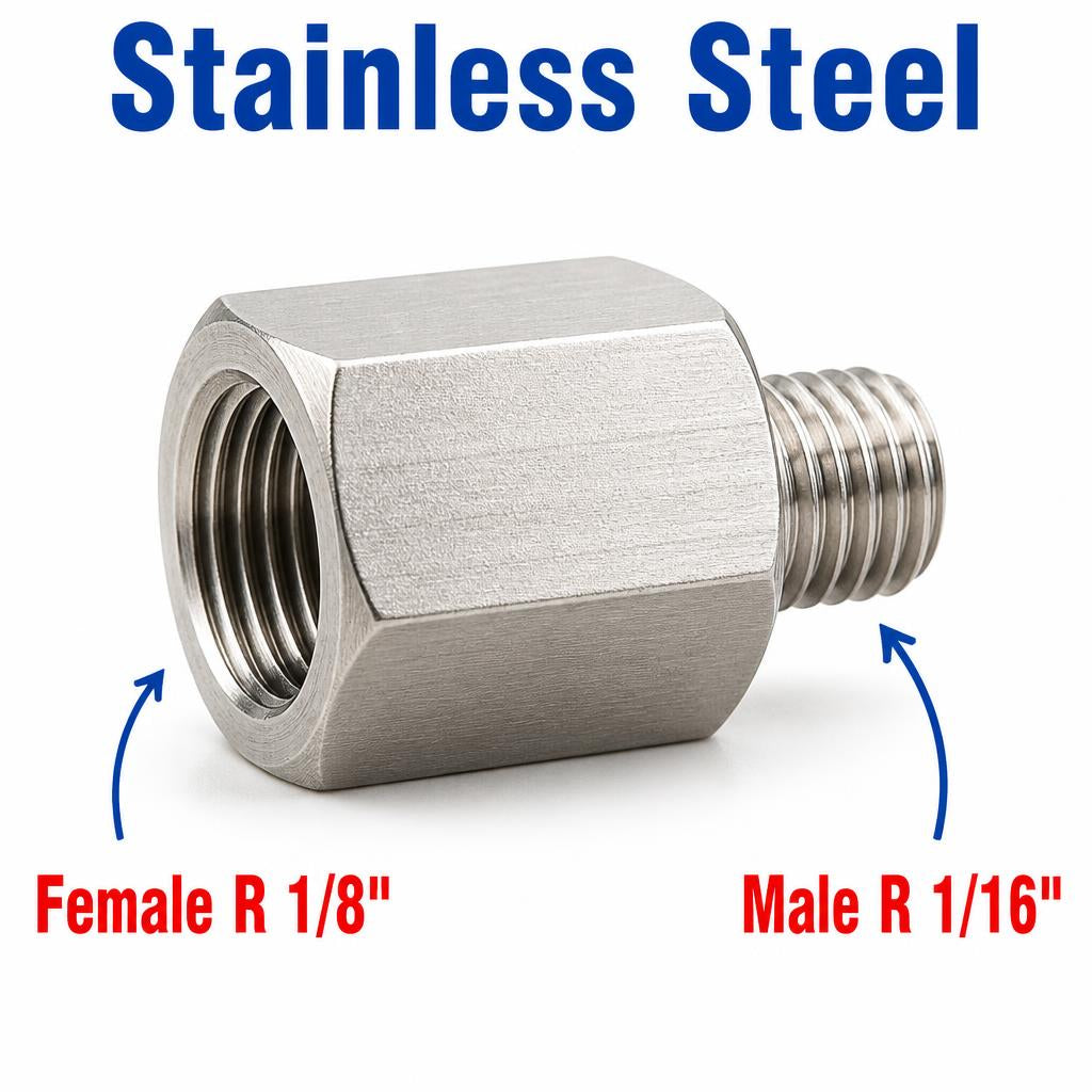Stainless steel MC Motoparts APS adaptor fitting showing BSPT tapered R 1/8 inch female to R 1/16 inch male sensor connector