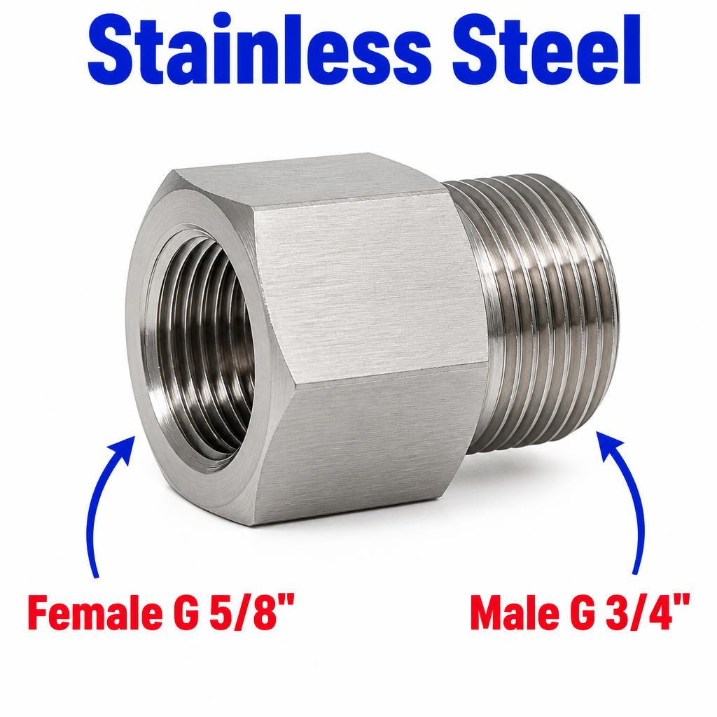 Stainless steel BSP G 5/8 inch female to 3/4 inch male sensor adaptor fitting for hydraulic or pneumatic connections.