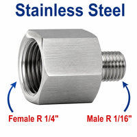 Stainless steel MC Motoparts APS adaptor fitting with 1/4 inch female BSPT to 1/16 inch male BSPT connection, used for sensor conversion.