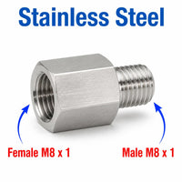Stainless steel M8x1 female to M8x1 male sensor adaptor fitting by MC Motoparts, used for conversion in automotive sensor systems.