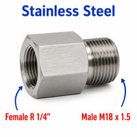 Stainless steel BSPT tapered female to M18x1.5 male sensor adaptor fitting for conversion in automotive or industrial applications