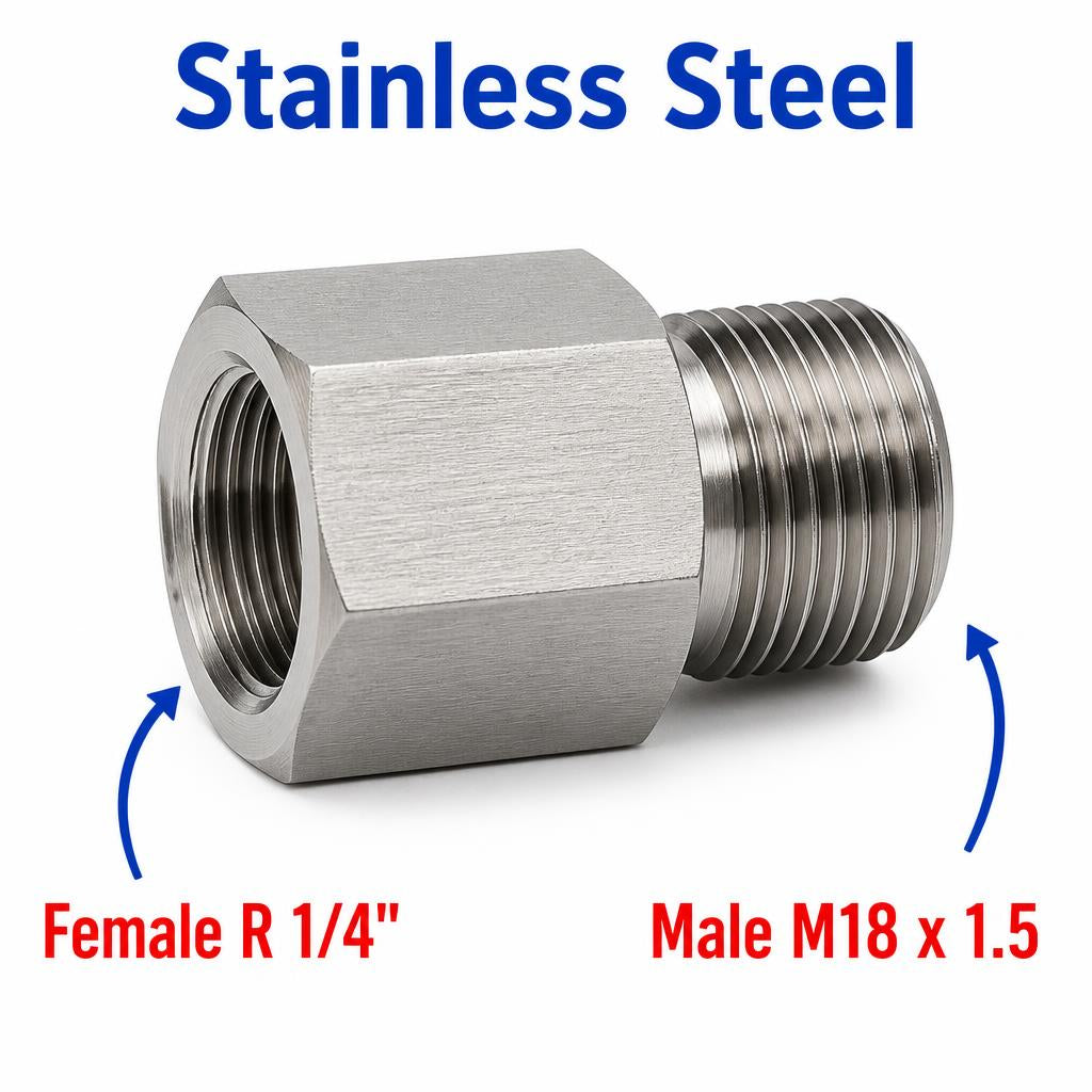 Stainless steel BSPT tapered female to M18x1.5 male sensor adaptor fitting for conversion in automotive or industrial applications